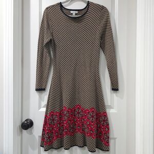 NEW YORK & COMPANY Elegant Floral Houndstooth Sweatrr Knit Fit & Flare Dress, M